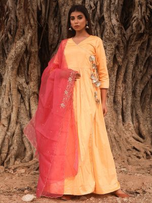 Yellow Jaam Silk Gown In Angrakha Style Along With Pure Organza Kurta Dupatta Set