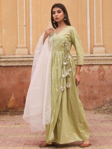 Olive Jaam Silk Gown In Angrakha Style Along With Pure Organza Kurta Dupatta Set