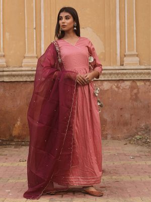 Mauve Jaam Silk Gown In Angrakha Style Along With Pure Organza Kurta Dupatta Set