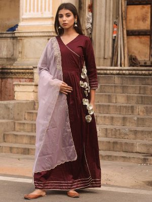 Falsi Jaam Silk Gown In Angrakha Style Along With Pure Organza Kurta Dupatta Set