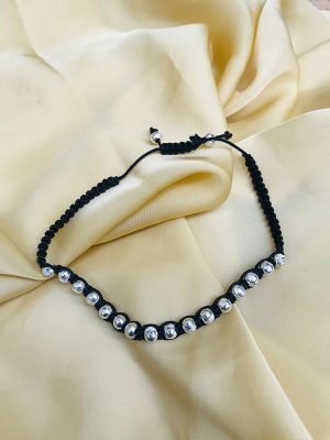 Black Thread Abstract Silver Bead Anklet