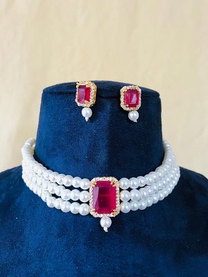 Red Stone Pearl Choker Necklace