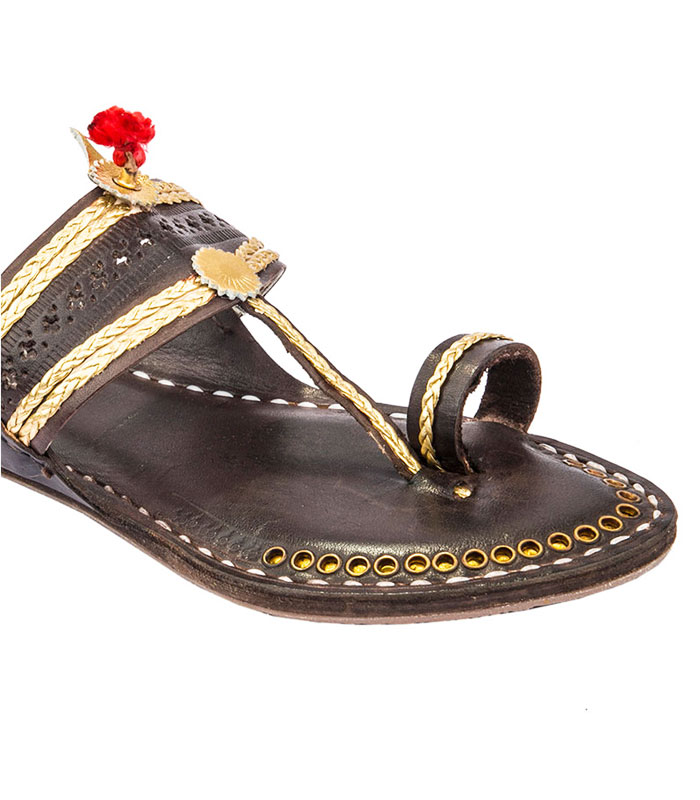 Luxury Dark Brown Golden Braids Kolhapuri Chappal For Women Zakarto
