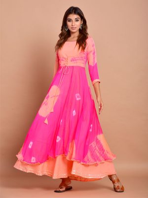 Pink Bandhej Chiffon Long Kurtis