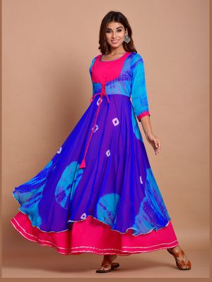 Blue Bandhej Chiffon Long Kurtis