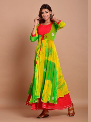 Green Bandhej Chiffon Long Kurtis