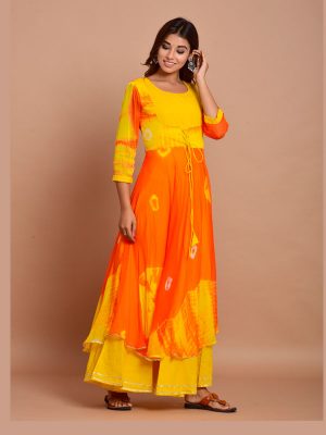 Orange Bandhej Chiffon Long Kurtis