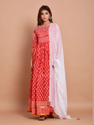 Red Bandhej Cotton Kurta Sets