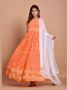 Orange Bandhej Cotton Kurta Sets