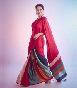 Madhuri Dixit Blue Colour Nylon Silk Foile Print Bollywood Designer Sarees  - Zakarto