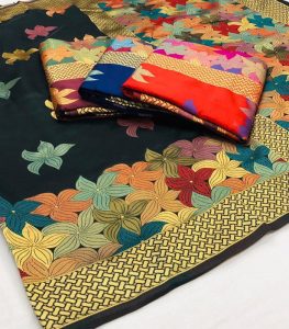 Lichi Silk Weaving Zari Saree With Contrast Blouse