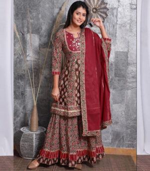 Heavy Taj Cotton Embroidery Kurti With Beautiful Peplum (Sharara) With Dupatta