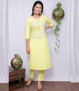 Yellow Cotton Sequence Kurti With Pant
