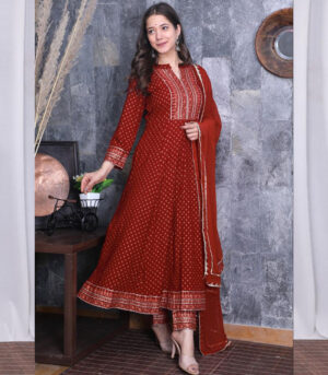 Beautiful Red Rayon Anarkali Kurti Pant With Chiffon Dupatta