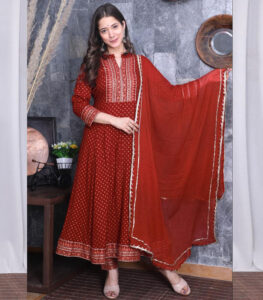 Beautiful Red Rayon Anarkali Kurti Pant With Chiffon Dupatta