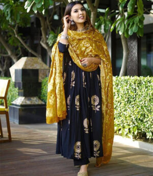 Black Rayan Fabric Suit Gold Print Anarkali Kurti Set
