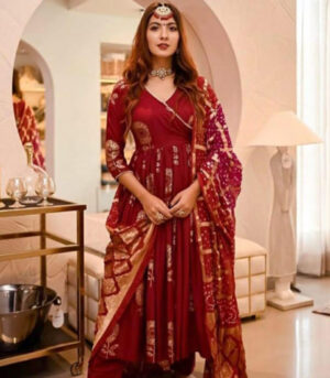 Red Rayan Fabric Suit Gold Print Anarkali Kurti Set