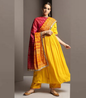 Pretty Yellow Anarkali Dress With Gotta And Tie Dye Dupatta Crafted Style Kurti