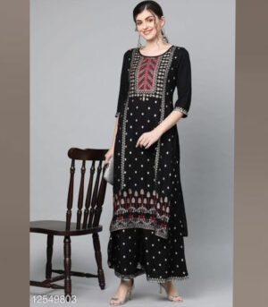 Black Rayon Fabric Fine Quality Neck Heavy Tealight Kurti Set