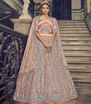 Peach Color Designer Indian Wedding Sangeet Ceremony Womens Lehenga