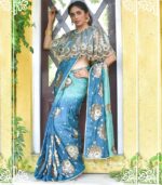 Blue And Green Two Shade Indian Heavy Elegant Look Stylish Work Saree