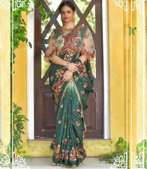 Indian Green Saree With Heavy Work Stylish Blouse