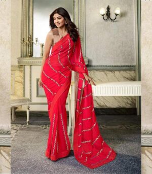 Coral Red Designer Fancy Bollywood Saree