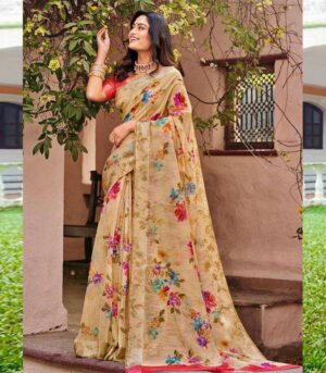 Beige Designer Indian Lilan Cotton Saree