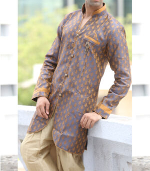 Amazing Mandarin Collar Brocade Light Firozi With Copper Indo Western Kurta Pajama