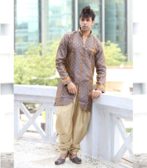 Amazing Mandarin Collar Brocade Light Firozi With Copper Indo Western Kurta Pajama