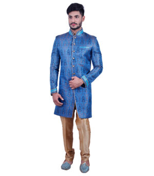 Electrifying Royal Blue Brocade Indo Western Sherwani