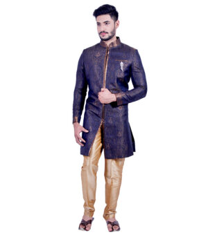 Zari Brocade Denim Blue With Gold Indo Western Sherwani