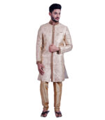 A Neutral Colored Kinkhab Brocade Fabric Flaxen Indo Western Sherwani