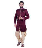 Rich Kela Brocade Fabric Wine Indo Western Sherwani