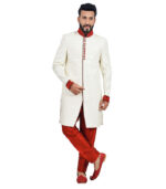 A Typical White And Red Brocade Indo Western Sherwani