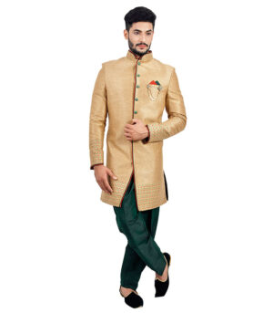 Jute And Brocade With A Diamond Stud Brooch Natural Indo Western Sherwani