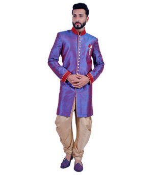 Blueberry And Red Color Jeweled Raw Silk Indo Western Sherwani