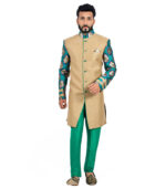 A Plain Jute Green And Gold Zari Brocade Indo Western Sherwani