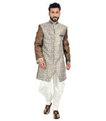 Coffee Brown And White Combo In Regular Fit Is Made Of Jute Brocade Indo Western Sherwani