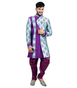 Dupion Brocade Island Lagoon With Purple Indo Western Sherwani