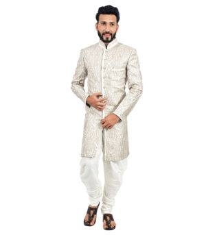 Perfect Match Off White Linen Brocade Indo Western Sherwani