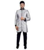 Excellent Zari Tanchoi Creation Silver Grey Indo Western Sherwani