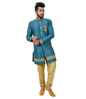 Ghiccha Silk Turquoise Blue Indo Western Sherwani