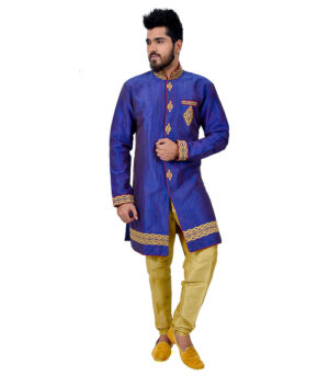 Blue Ghiccha Silk Indo Western Sherwani