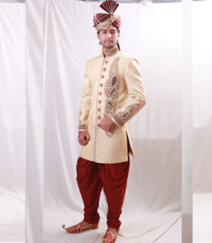 Lovely And Exquisite Embroidery Work Bing Beige Sherwani