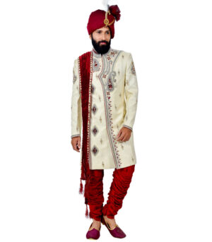 Cream Zari Brocade Silk Sherwani