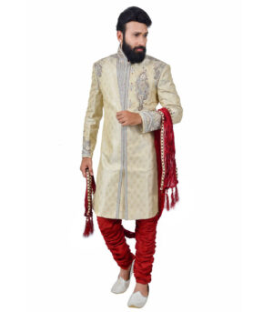 Zari Brocade Silk Papaya Whip Sherwani