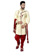 Cream Art Brocade Silk Sherwani