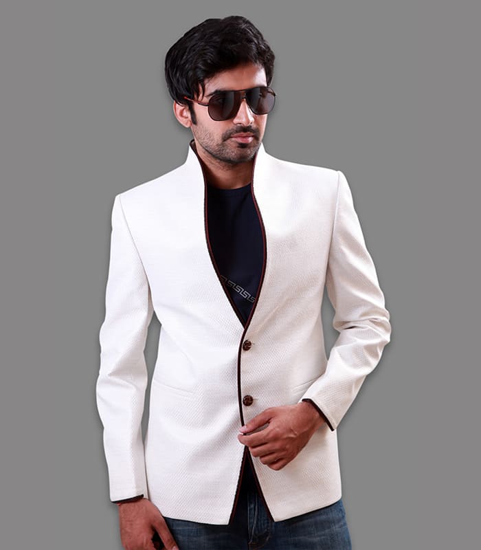 Pure White Linen High Neck Amazing Piping Designer Blazers Zakarto