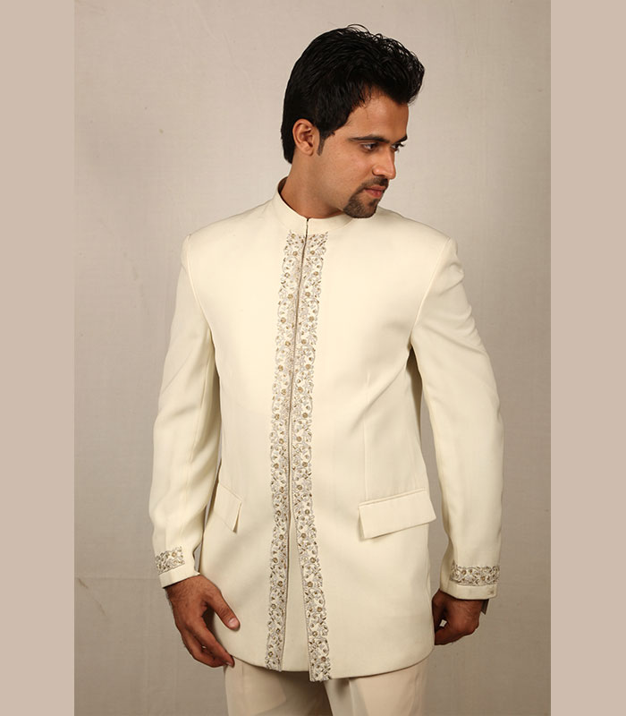 Jacquard Silk Jodhpuri Suit In Cream Color